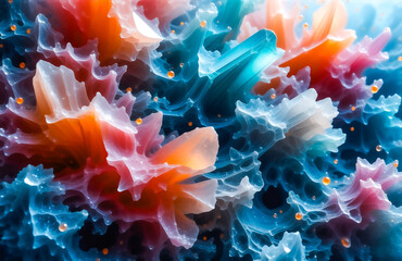 Aufkleber - Vibrant, translucent crystals cluster together in a mesmerizing, coral-like formation.  Tiny golden spheres are scattered throughout the colorful, organic structure.