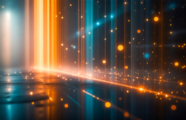 Poster - Abstract digital art depicting glowing vertical lines of orange and blue light, illuminating a dark, reflective floor speckled with particles.  The scene evokes a sense of futuristic energy and depth.