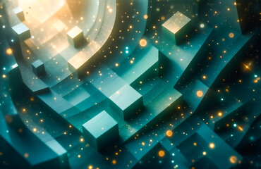 Leinwandbilder - Abstract digital artwork depicting a swirling cosmic landscape of teal and gold geometric cubes and glowing particles.  The scene evokes a sense of depth and mystery within a vibrant, otherworldly spa