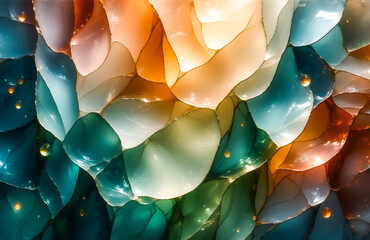 Poster - Abstract art featuring swirling, translucent forms in teal, orange, and beige tones.  Light plays across the sculpted, organic shapes, creating depth and highlighting subtle golden bubbles.