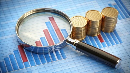Aufkleber - Analyzing Financial Data with Glass Magnifying Glass and Coins