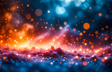 Aufkleber - Abstract image of a fiery, cosmic landscape.  Glowing particles and bokeh create a magical, otherworldly scene with vibrant orange and blue hues.