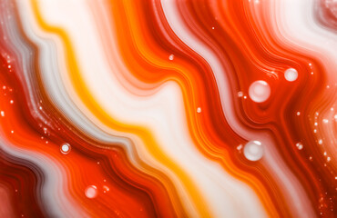 Poster - Abstract image showcasing swirling, vibrant orange, white, and red hues.  Fluid, wave-like patterns are interspersed with small, translucent bubbles.  The effect is reminiscent of polished stone or li