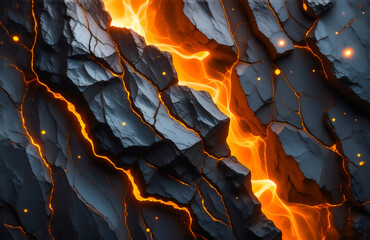 Aufkleber - Molten orange lava flows through deep cracks in dark, rough, textured rock.  Glowing embers sparkle within the fiery fissure.