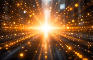 Fototapete - A radiant, golden light explodes from the center, creating a mesmerizing burst of energy.  Sparkling particles stream outwards, forming dynamic lines against a dark background.  The effect is both pow