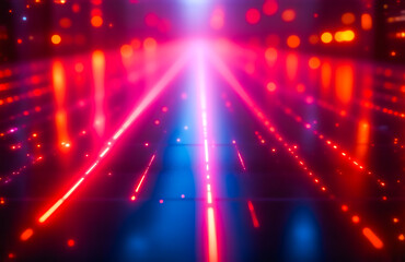Fototapete - Vibrant red and blue neon lights converge in a symmetrical pattern, creating an illuminated pathway into a dark, bokeh-filled background. The effect is energetic and futuristic.