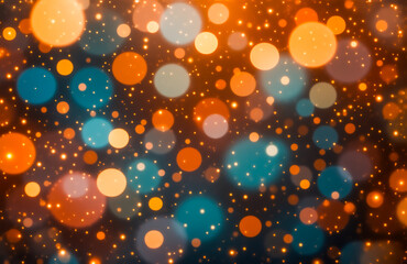 Leinwandbilder - Shimmering bokeh effect with orange, teal, and white lights on a dark background.  Sparkling and vibrant, ideal for festive backgrounds.
