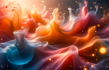 Poster - Abstract image of swirling, vibrant colors like orange, pink, and blue, resembling liquid or smoke. Glowing particles add a cosmic, ethereal feel.