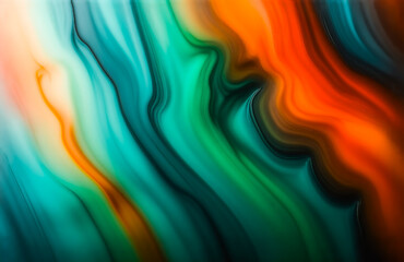 Poster - Abstract fluid art showcasing vibrant teal, orange, and dark green hues.  Swirling, dynamic lines create a sense of movement and energy.  The colors blend seamlessly, forming an immersive visual exper