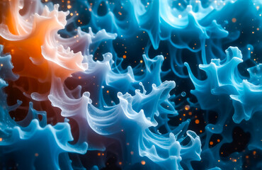 Aufkleber - Abstract image of swirling, translucent blue and orange forms resembling underwater flora or a cosmic nebula.  The texture is fluid and dynamic, with hints of sparkling particles.
