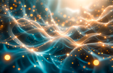 Fototapete - Abstract artwork depicting ethereal, flowing teal and orange energy waves with shimmering golden particles, creating a dreamy, cosmic landscape.
