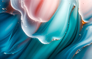 Aufkleber - Swirling teal, pink, and white abstract paint creates a mesmerizing, fluid, marble effect with subtle gold flecks.