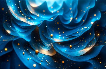 Poster - Abstract image of flowing, dark blue fabric with embedded golden spheres and sparkling lights.  The texture is smooth and luxurious, evoking a sense of depth and movement.