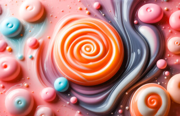 Poster - Abstract swirls of pastel colors and glossy spheres create a dreamy, candy-like composition.  The central focus is a spiral resembling a lollipop.