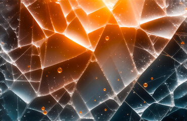 Poster - Abstract image of cracked ice, glowing orange and blue.  Air bubbles trapped within the fractured surface create a captivating texture.