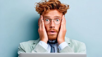 Poster - Man with glasses and a beard is looking at a laptop. He is wearing a suit and tie and he is in a state of shock or surprise