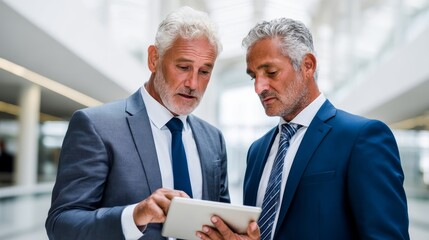 Poster - Two men in suits are looking at a tablet. One of them is pointing at something on the screen