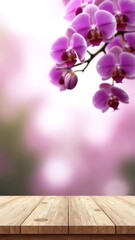 Aufkleber - Wooden table top soft focus orchid background. AI Generated