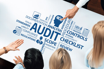 Aufkleber - Engaging visual representation of the audit process highlighting key concepts such as compliance, controls, and documentation standards essential for effective evaluation and risk management. Amity