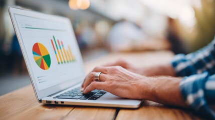 Poster - Man is typing on a laptop with a ring on his finger. The laptop screen displays a pie chart with various colors. The man is focused on his work, possibly analyzing data or creating a presentation
