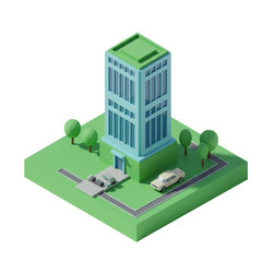 Poster - Isometric Low Poly Office Building with Car and Trees