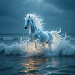 © BIBI - White stallion runs gallop on the beach, a powerful equine illustration