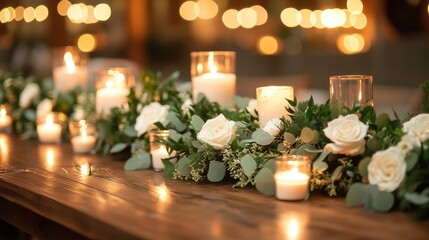 Aufkleber - Candles illuminate a beautifully arranged table adorned with white roses and greenery, creating a warm and inviting atmosphere for a special evening celebration.