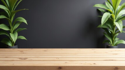 Poster - Empty wooden table with dark wall and greenery backdrop