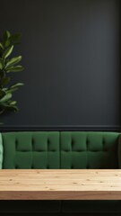 Poster - Empty wooden table with dark wall and greenery backdrop
