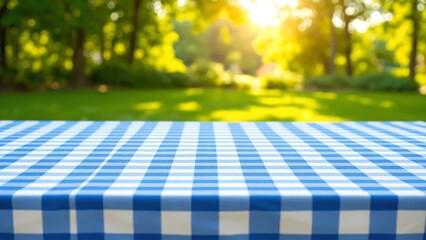 Poster - Blue checkered tablecloth texture top view with abstract green, garden in blurred morning background. Empty checkered table for display montages