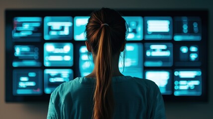 Poster - Exploring technology trends a user analyzing screens digital environment modern workspace introspective view