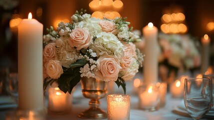Poster - A beautiful arrangement of pink roses and white hydrangeas in a silver vase is accompanied by softly glowing candles, creating a romantic atmosphere for a special event.