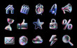© whiteliststudio - 3d metallic chrome icon set, digital website and homepage icons, , neon lighting