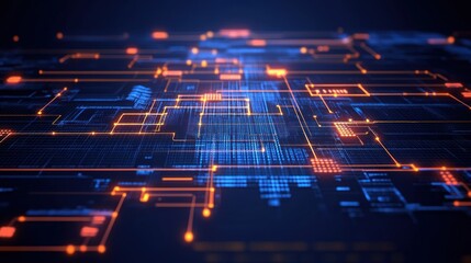 Poster - A complex digital circuit board with glowing orange and blue lines and data points.