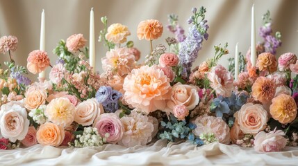 Aufkleber - Vibrant collection of pastel flowers including roses and peonies arranged harmoniously with tall candles on a light fabric background, perfect for a spring gathering or event.