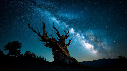 dead tree silhouette against vibrant blue milky way galaxy