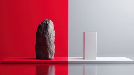 Poster - Natural rock on a red and white surface symbolizing financial tension between usa and china in a unique setting