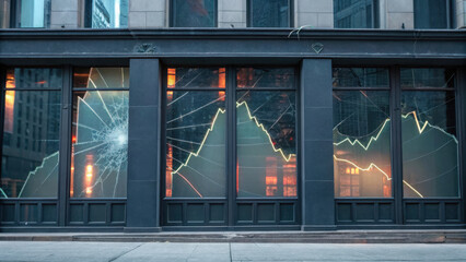 Poster - storefront with broken windows displays graph design, symbolizing great challenges faced during depression
