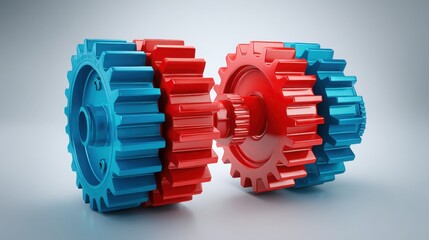 Poster - Two interlocking gears in vibrant red and blue representing collaboration between usa and china in industry