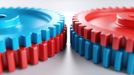 Poster - Two interlocking gears in vibrant red and blue representing collaboration between usa and china in industry