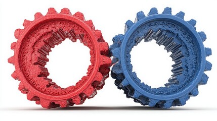 Poster - Two interlocking gears in vibrant red and blue representing collaboration between usa and china in industry