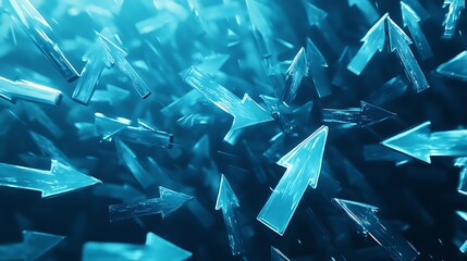 Poster - Upward arrows, growth, progress.  Abstract digital illustration of many glossy, light blue arrows pointing upwards against a dark background, suggesting an increase or positive trend