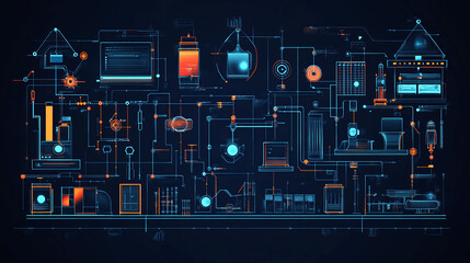 Poster - Futuristic technology blueprint diagram schematic system design network connection digital interface plan