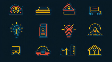 Poster - Neon icon set vector illustration of car house building truck lightbulb and more vector graphic design