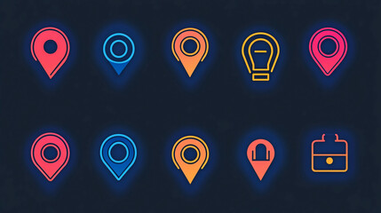 Poster - Colorful neon location pin icons vector illustration for map and navigation app design element set art