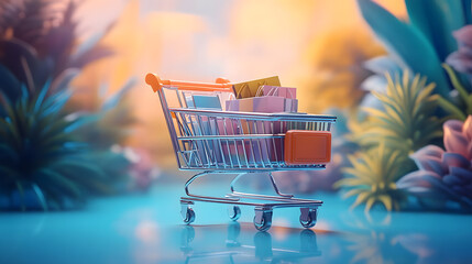 Poster - illustration of shopping cart and laptop, soft blue background, online stores concept