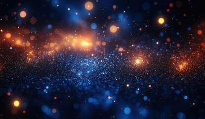 Poster - Vibrant abstract background featuring luminous dots and particles in blue and orange hues, creating a magical atmosphere.