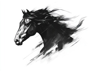 Naklejka na meble Black horse portrait, windswept mane, white background, artistic style, equestrian art