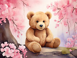 cute teddy bear sitting under sakura tree spring in watercolor painting style AI generated