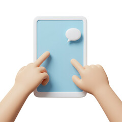 Poster - Cartoon Hands Using a Light Blue Tablet with a Speech Bubble